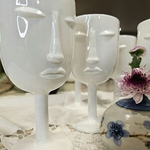 White Glass Sculptured Face Goblets   Barware Everest Global Set 6